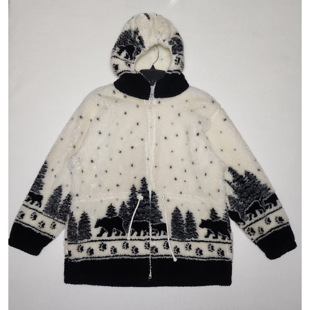 VTG Amana Sherpa Coat Jacket Bear Trees Hooded Mountain White Black Womens Large